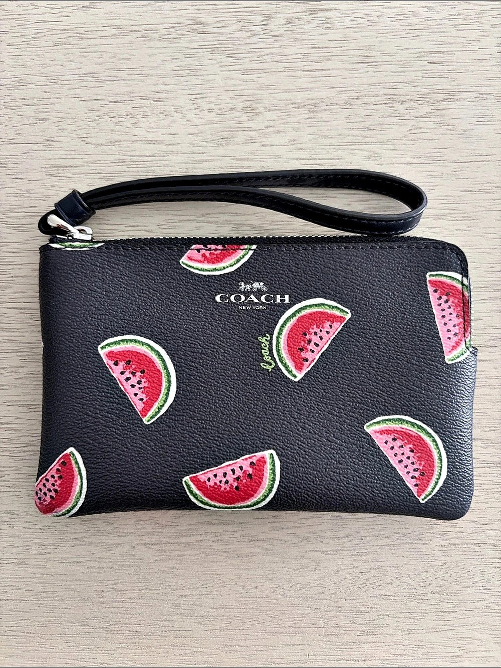 Coach Watermelon Print Corner Zip Wristlet Black & Red